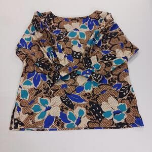 Anna Vintage Women's Brown/Blue 3/4 Sleeve Floral Pullover Blouse Size 13-14